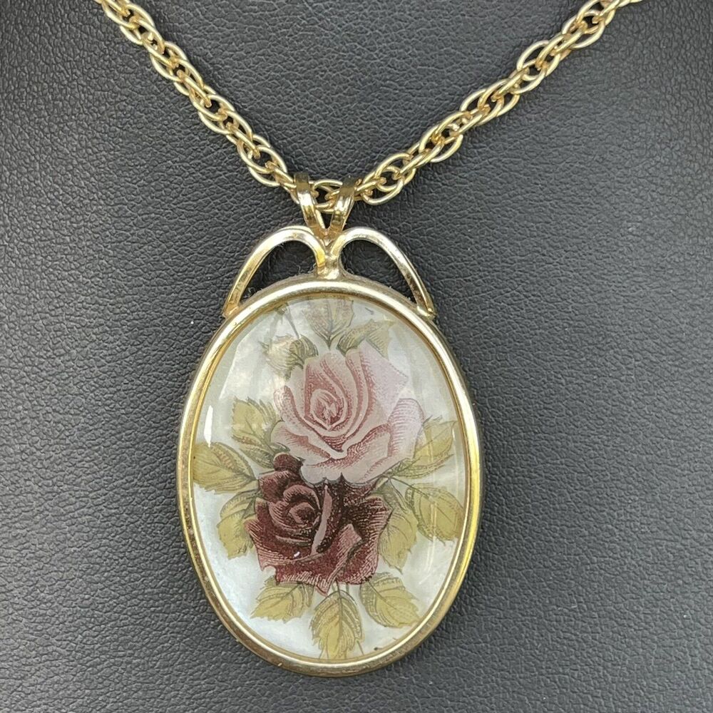 Vintage Victorian Revival Pink Rose & Leaf Motif Necklace In Oval Goldtone Frame